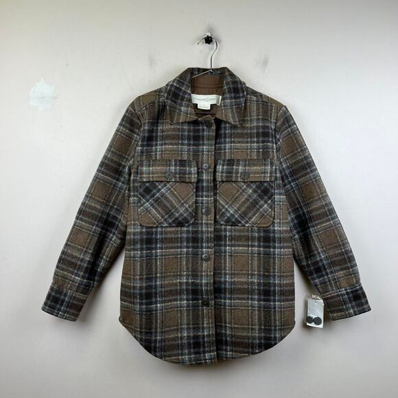Nordstrom Treasure & Bond Plaid Tartan Shirt  Brown Blue Button Shacket Size S - Picture 1 of 8